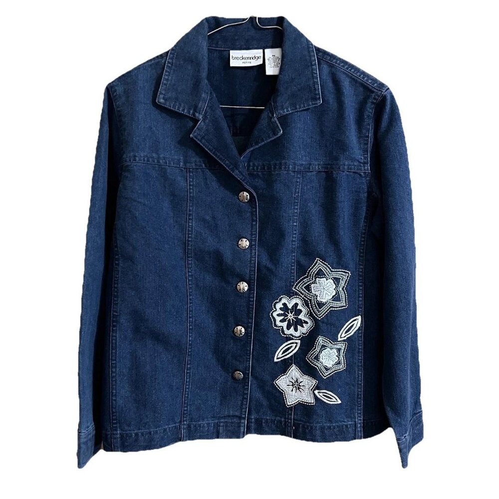 Breckenridge Womens Blue Jeans Denim Jacket Petite Medium Floral Embroidery